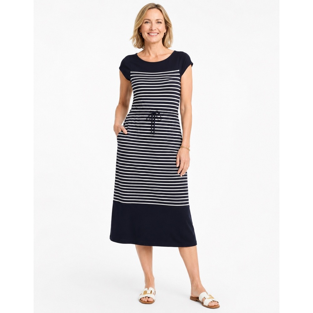 Talbots Petites Navy White Striped Maxi Dress Petite Medium PM NWT Drawstring